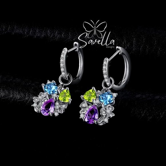 Tri-Stone Amethyst, Blue Topaz and Peridot Earrings Set in 925 Silver - Picture 1 of 4
